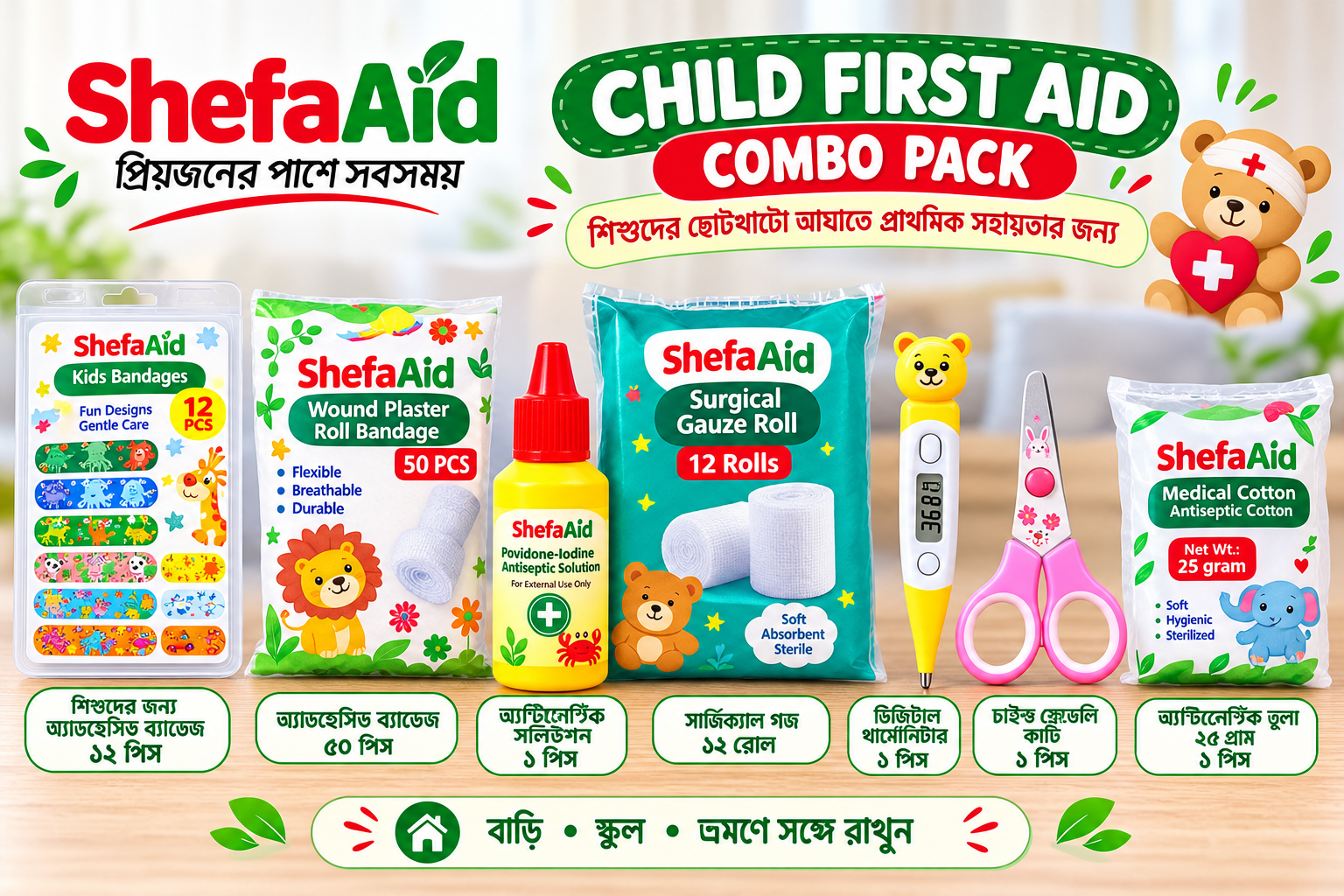 ShefaAid Child First Aid Combo Pack-āĻ āϰā§ā§āĻā§ āĻļāĻŋāĻļā§āĻĻā§āϰ āĻāύā§āϝ āĻāĻžāϰā§āĻā§āύ āĻŦā§āϝāĻžāύā§āĻĄā§āĻ, āϰā§āϞ āĻŦā§āϝāĻžāύā§āĻĄā§āĻ, āĻ
ā§āϝāĻžāύā§āĻāĻŋāϏā§āĻĒāĻāĻŋāĻ āϏāϞāĻŋāĻāĻļāύ, āϏāĻžāϰā§āĻāĻŋāĻā§āϝāĻžāϞ āĻāĻ āϰā§āϞ, āĻĄāĻŋāĻāĻŋāĻāĻžāϞ āĻĨāĻžāϰā§āĻŽā§āĻŽāĻŋāĻāĻžāϰ, āĻāĻžāĻāĻāĻŋ āĻ āĻŽā§āĻĄāĻŋāĻā§āϞ āĻāĻāύāĨ¤ āĻŦāĻžā§āĻŋ, āϏā§āĻā§āϞ āĻ āĻā§āϰāĻŽāĻŖā§ āĻļāĻŋāĻļā§āĻĻā§āϰ āĻĒā§āϰāĻžāĻĨāĻŽāĻŋāĻ āϏāĻšāĻžā§āϤāĻžāϰ āĻĒā§āϰāϏā§āϤā§āϤāĻŋ āϰāĻžāĻāϤ⧠āĻāĻāĻāĻŋ āĻŦā§āϝāĻŦāĻšāĻžāϰāĻŋāĻ āĻāĻŽā§āĻŦā§ āĻĒā§āϝāĻžāĻāĨ¤